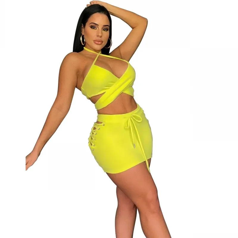

Micro Skirts Bikini Sets Women Swimwear Bandage Crop Top Mini Skirt Suit Summer New Solid Hollow Sexy Two Piece Bikinis Set 2022