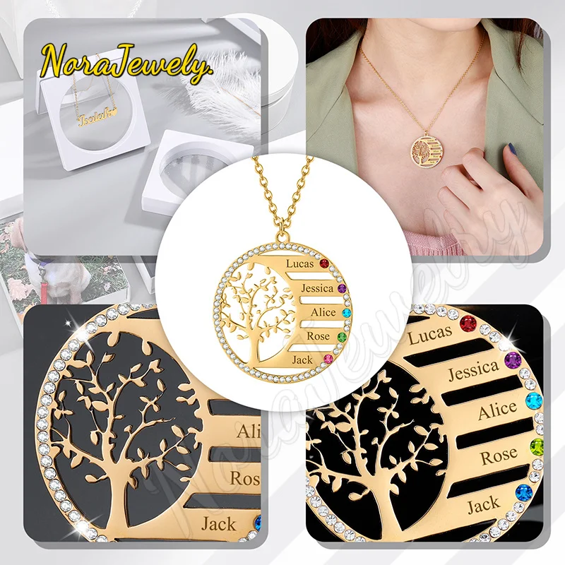 NORAJewelry Personalized Family Tree Name Necklace With Birthstone Crystal Pendant Engrave Name Chain Stainless Steel Jewelry