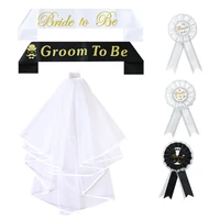 white two layers tulle short wedding veil groombride to be satin sash shoulder strap badge bridal shower wedding decorations