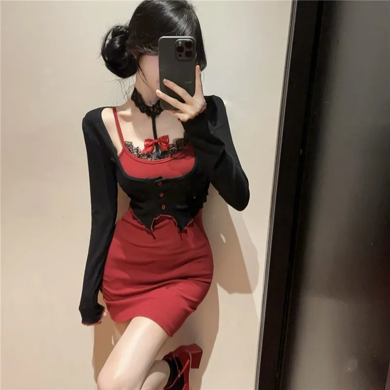 Фото Женское мини-платье контрастного цвета из двух предметов Spicy Girl, новое весеннее облегающее короткое платье с длинными рукавами, кружевное платье-карандаш с колье №2