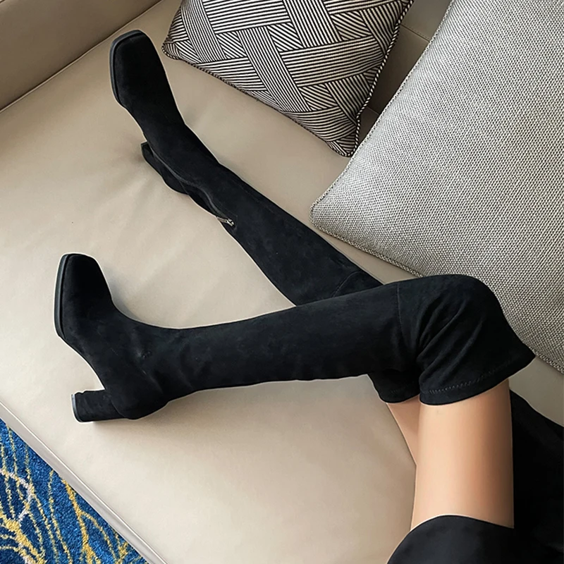 

2022 Women Ankle Over The Knee High Heels Chelsea Boots Winter New Chunky Fashion Suede Snow Boots Women Shoes Sexy Pumps Botas