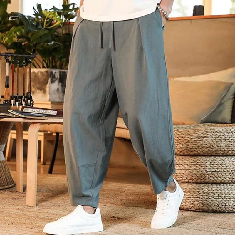 

Japanese Loose Men's Cotton Linen Pants Male SummerCasual Harem Pant Solid Color Linen Trousers Streetwear Plus Size S-5XL