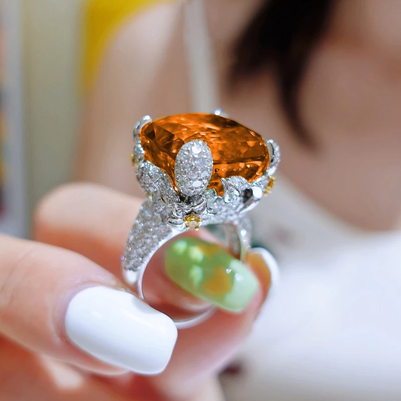 

2022 New Exquisite Orange Big Zircon Adjustable Open Rings for Women Romantic Flower Geometric Party Jewelry Anillos