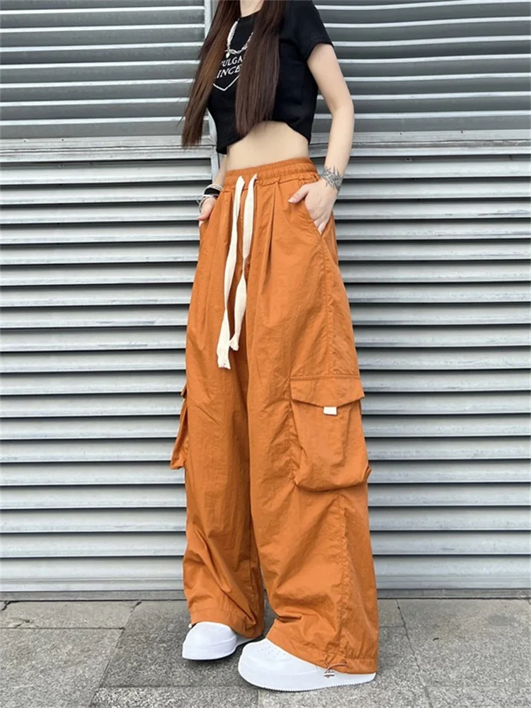 

2023 New Fashion Women Wide Leg Cargo Pants Harajuku Vintage Casual Korean Orange Hip Hop Joggers Female Hippie Baggy Trousers