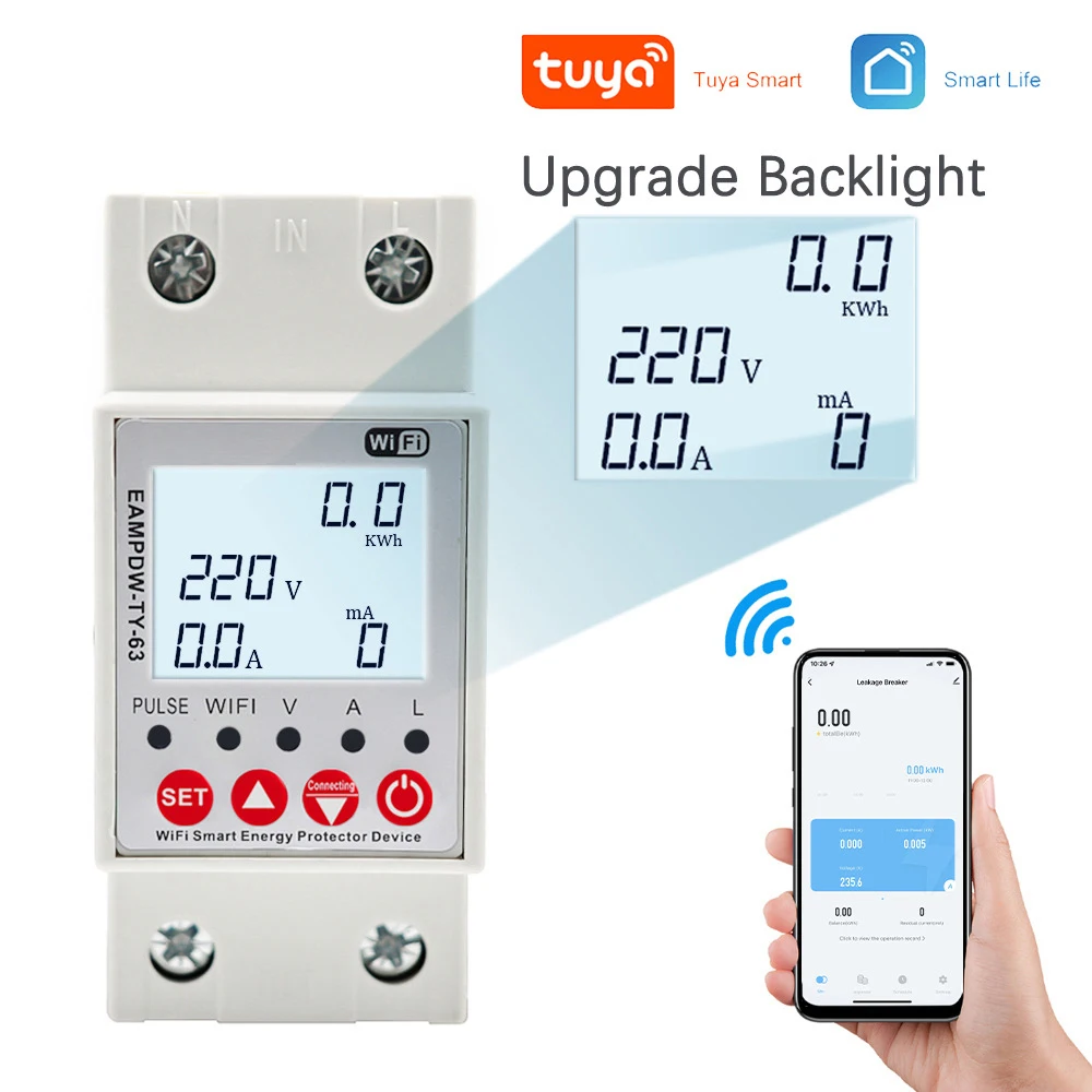 

2P 63A TUYA APP WiFi Smart Circuit Earth Leakage Over Under Voltage Protector Relay Device Switch Breaker Energy Power kWh Meter