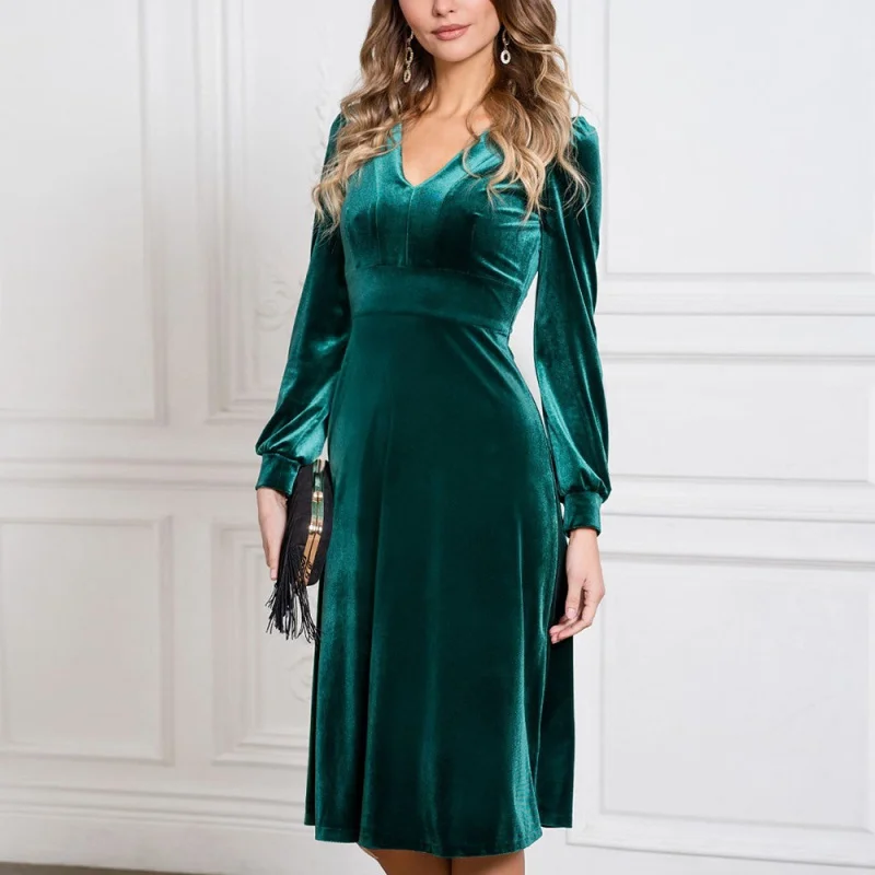 

European And American-Style Women's Clothing2022Spring and Spring Dress Solid Color SexyVCollar Long Sleeve Slim Fit Dress