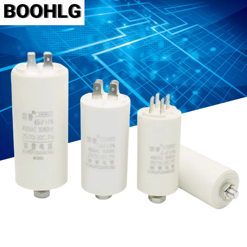 

1 шт., пусковой конденсатор CBB60, 6uF ~ 60uF, конденсатор двигателя 50/60 Гц 450 в переменного тока с винтом M8 для электродвигателя/стиральной машины