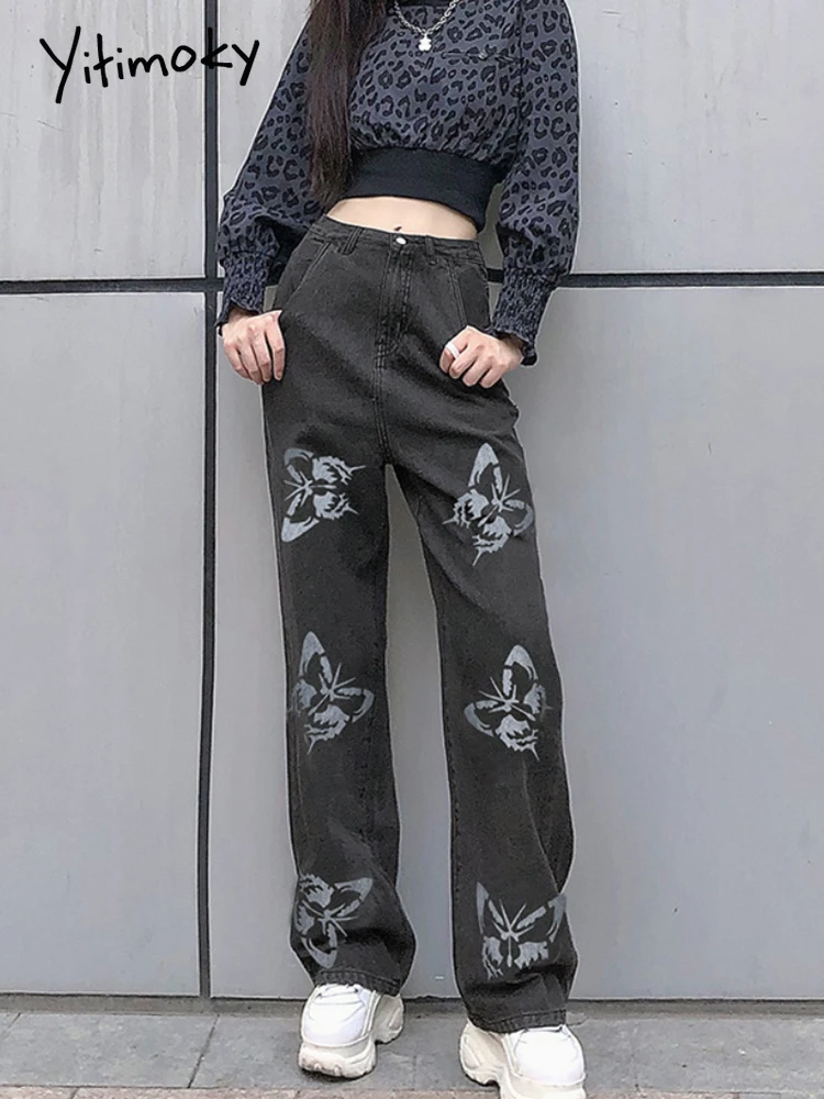 

Yitimoky Y2K 2022 винтажные женские джинсы с принтом бабочки свободные широкие брюки повседневные джинсовые прямые брюки с высокой талией Harajuku
