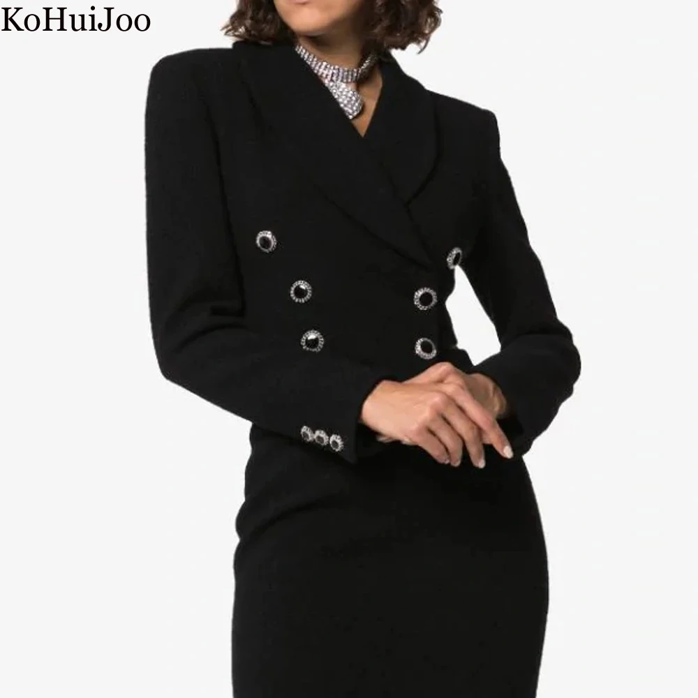 

Черный короткий блейзер для женщин, тонкий офисный женский однотонный элегантный двубортный пиджак со стразами на пуговицах, женская верхняя одежда