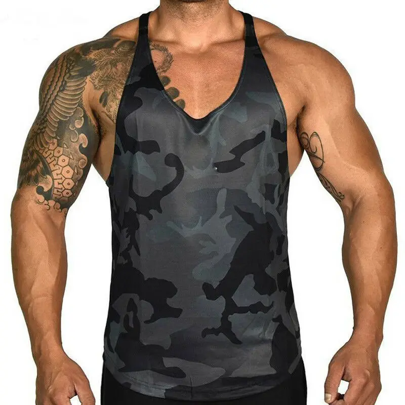 

2019 New Mens Gym Vest Racerback Bodybuilding Muscle Camo Camouflage Stringer Plain Tank Top Fitness Singlet Tops