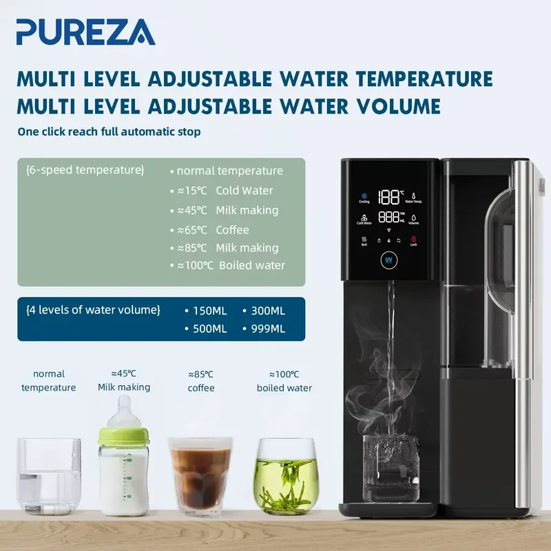 Фото Электрический диспенсер для воды PUREZA с функцией охлаждения и нагрева, портативный, экологичный, пластиковый, умный, настольный очиститель для дома, безопасный, 0.26 л/мин №4