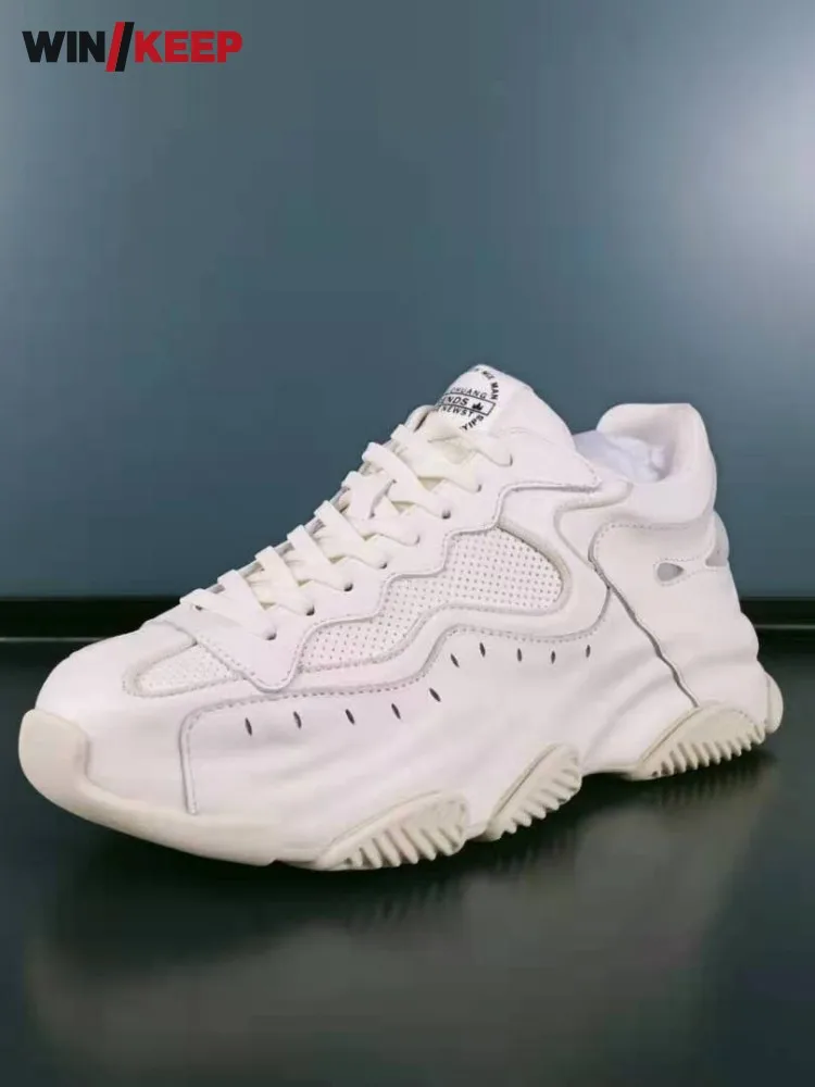 

Thick Bottom Mens Genuine Leather Running Sneakers Spring Lace Up Breathable Outdoor Sport Shoes Male Fitness Jogging Trainers