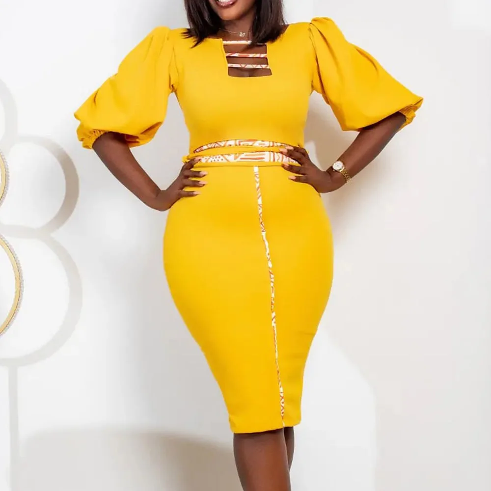 

Women Dresses 2022 Female Three Quarter Sleeves Women Yellow Dress Sexy Club Wear Dresses Africa Women Dresses Women Dresses