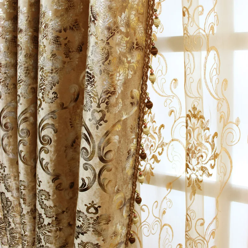 

Gold Jacquard Floral Curtains for Living Room Sheer Voile Semi Blackout Sliding Door Window Treatment Drape Floral