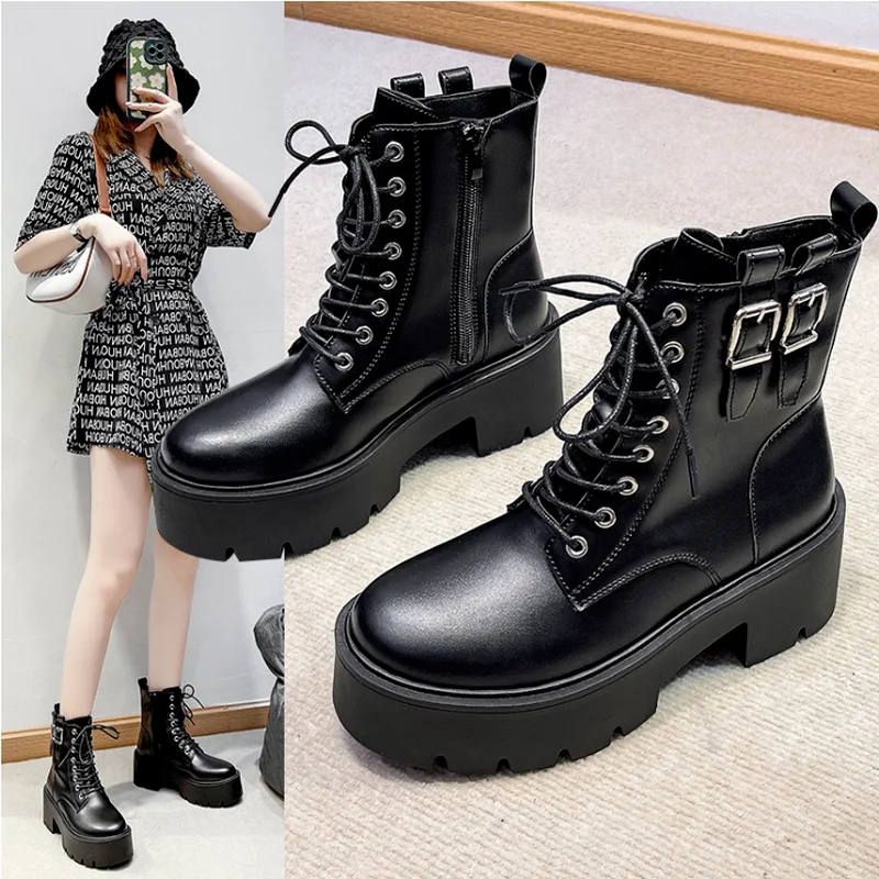 

Autumn and Winter New Women Thick Bottom Solid Color Belt Buckle Knight Boots British Windmill Boots Platform Shoes Boots Women