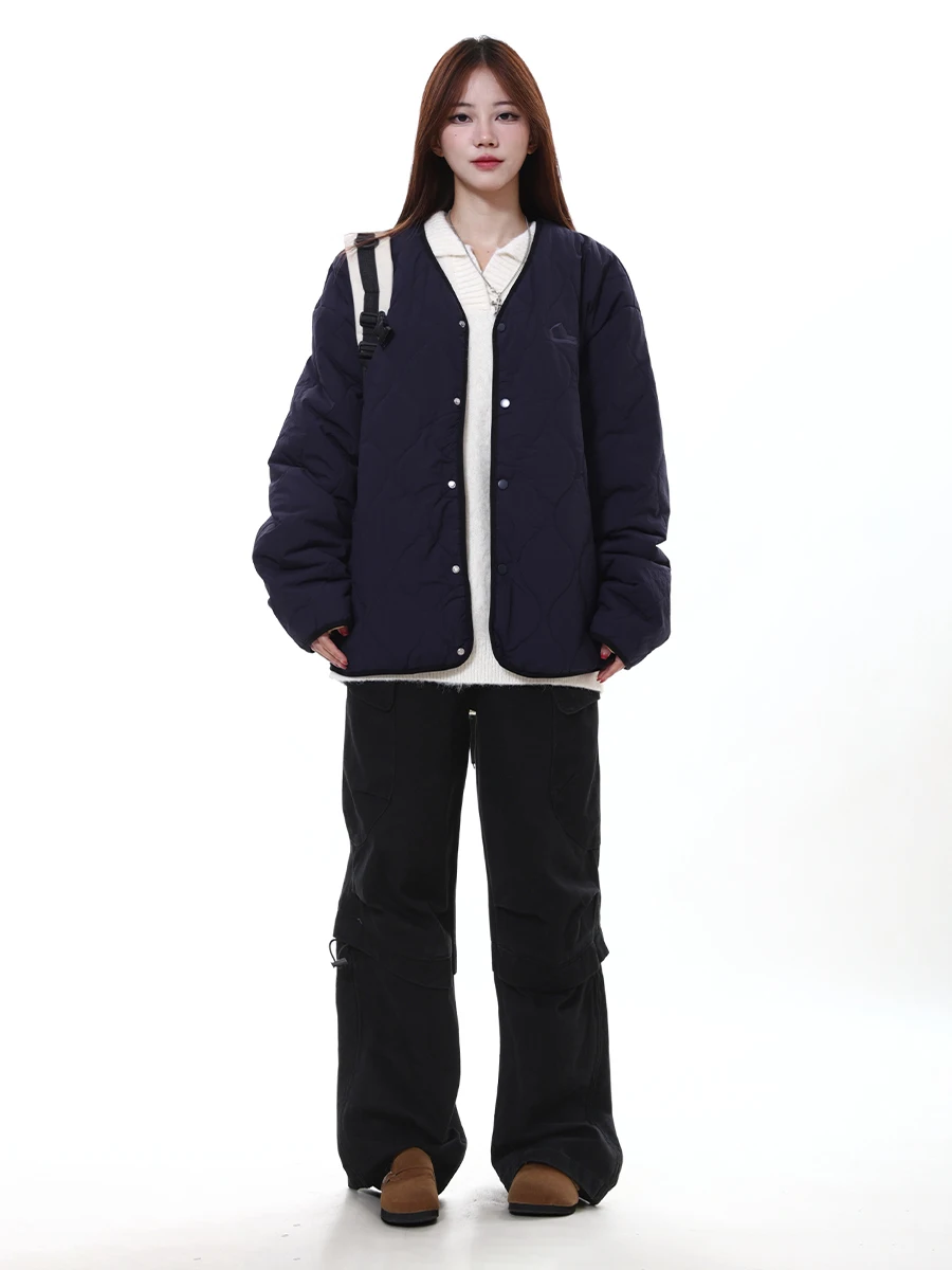 Arku American Sle Navy Blue Rhombus Quilted Warm Cotton-Padded Clothes for Women Winter Loose Design Collarless Cotto...