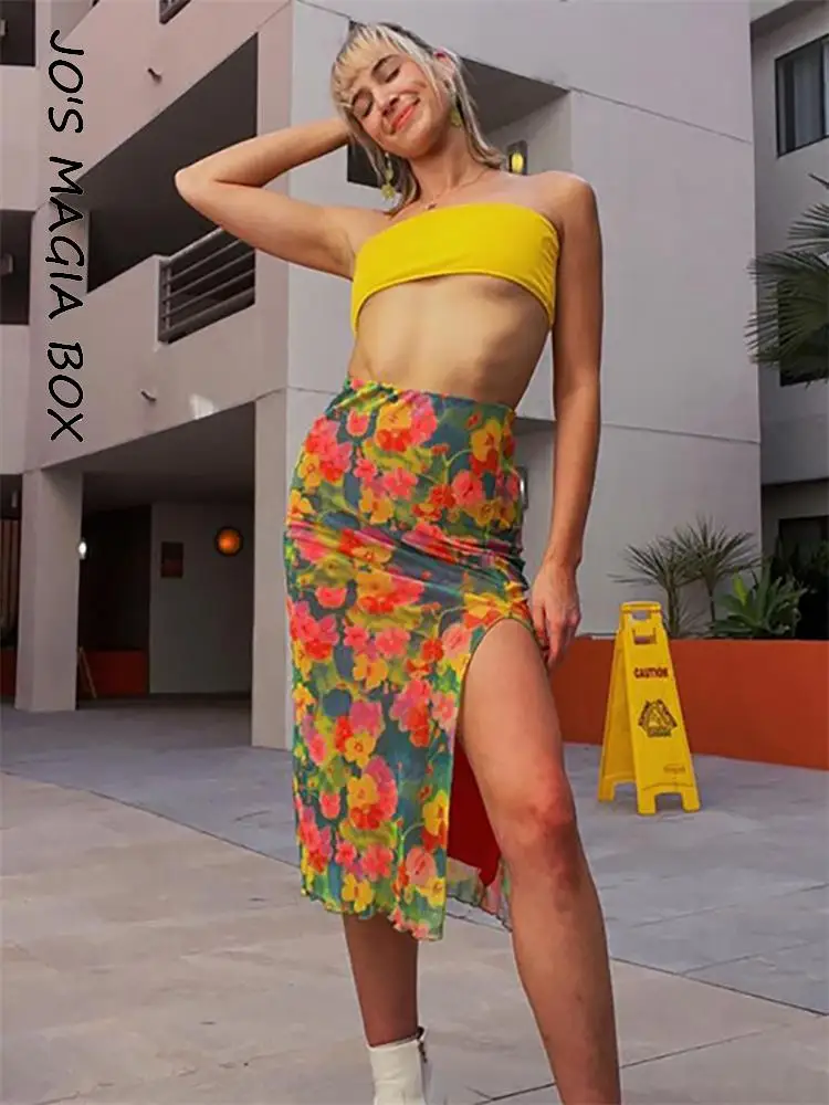 

Юбка-миди женская с разрезом, высокой талией и цветочным принтом