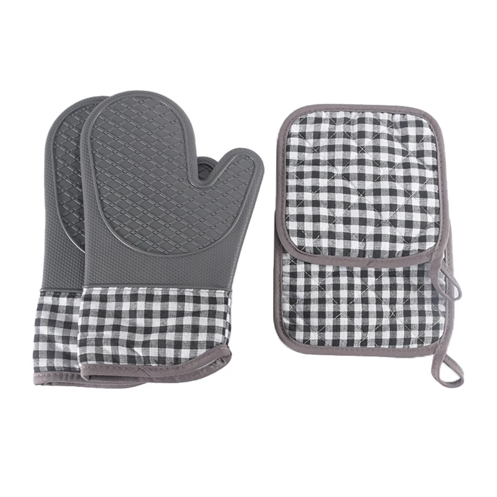 

Heat Resistant Silicone Oven Gloves Non-Slip Oven Mitts + 2 Cotton Pot Holders For Kitchen Cooking Baking Grilling Barbecue