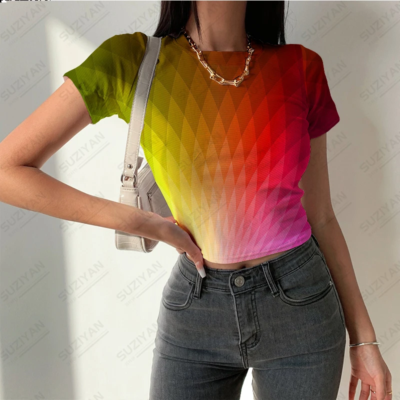 

2023Women's Summer Fashion Short Top Colorful Stripe Gradient 3D Printed Short Sleeve T-shirt Women's Round Neck Sexy Casual Top