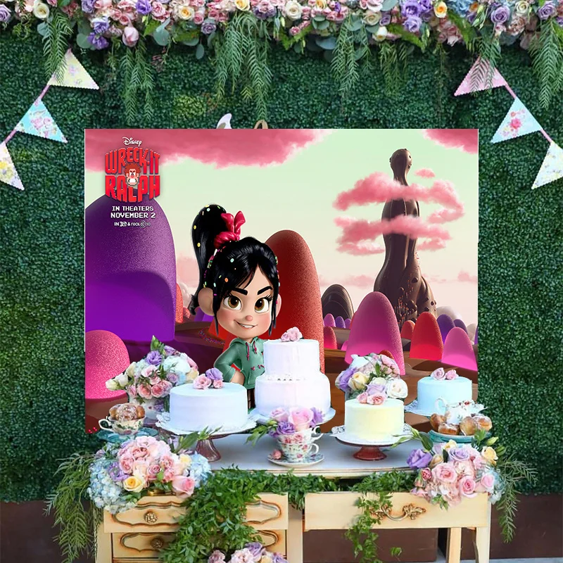 

Disney Cartoon Girl Princess Vanellope von Schweetz Sweet Candy Party Backdrop Wreck-It Ralph Baby For Happy Birthday Background