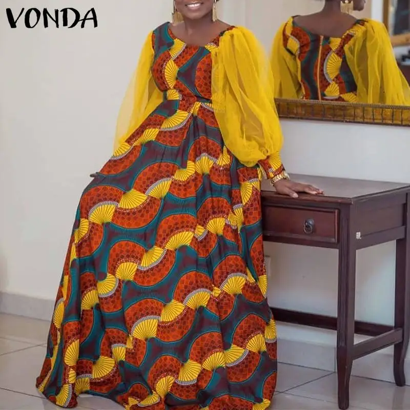 

Летнее Сетчатое платье VONDA 2022, богемное платье, женский пляжный сарафан с принтом и пышными рукавами, Сексуальное вечернее длинное платье, п...
