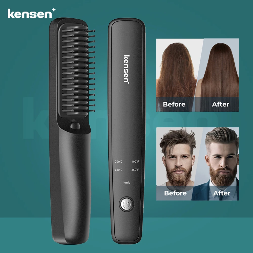 Negative Ion Hair Straightener Brush KENSEN Wireless Heating Hair Comb for Men & Women USB Charge-Black-Traval Brush