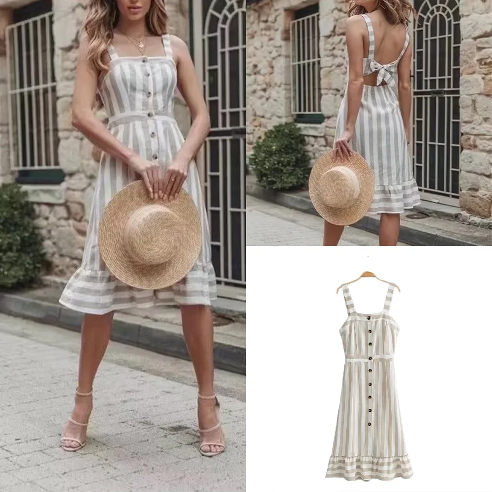 

PB&ZA Summer New Women's Temperament Fashion Button Trim Back Hollow Casual Waist Gathering Halter Dress