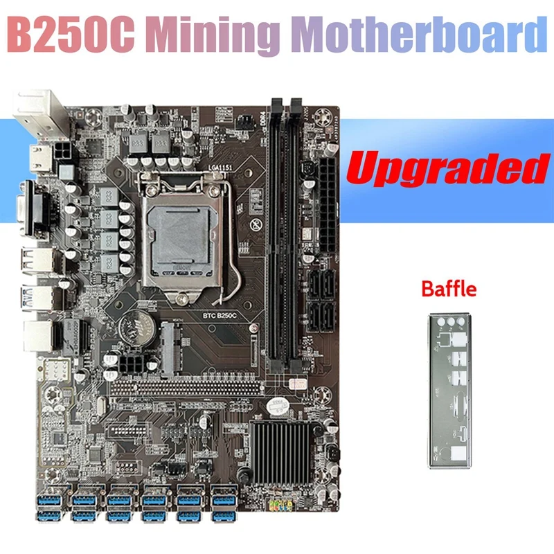 

B250C ETH Miner Motherboard+Baffle 12 PCIE To USB3.0 Graphics Card Slot LGA1151 DDR4 For BTC Miner Mining Motherboard