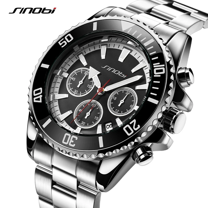 

SINOBI Watches Mens Top Brand Luxury Clock Casual Stainless Steel 24Hour Men Watch Sport Waterproof Quartz Chronograph Clock