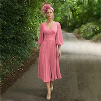 elegant pink v neck chiffon mother of the bride dresses tea length 34 sleeves evening gowns groom mother dresses wedding party