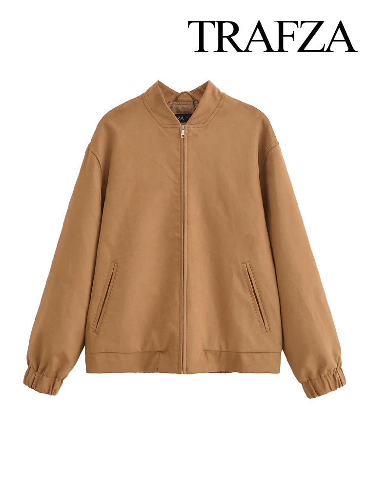 TRAFZA Women's Fashion Retro Versatile Suede Texture Effect Bomber Jacket Female Pocket Decorated Zipper High Street Casual Coat