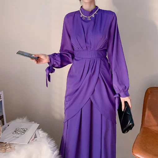 

Fall high-end high-end retro French stand collar long purple 2021 autumn new clothing for women A-LINE vintage