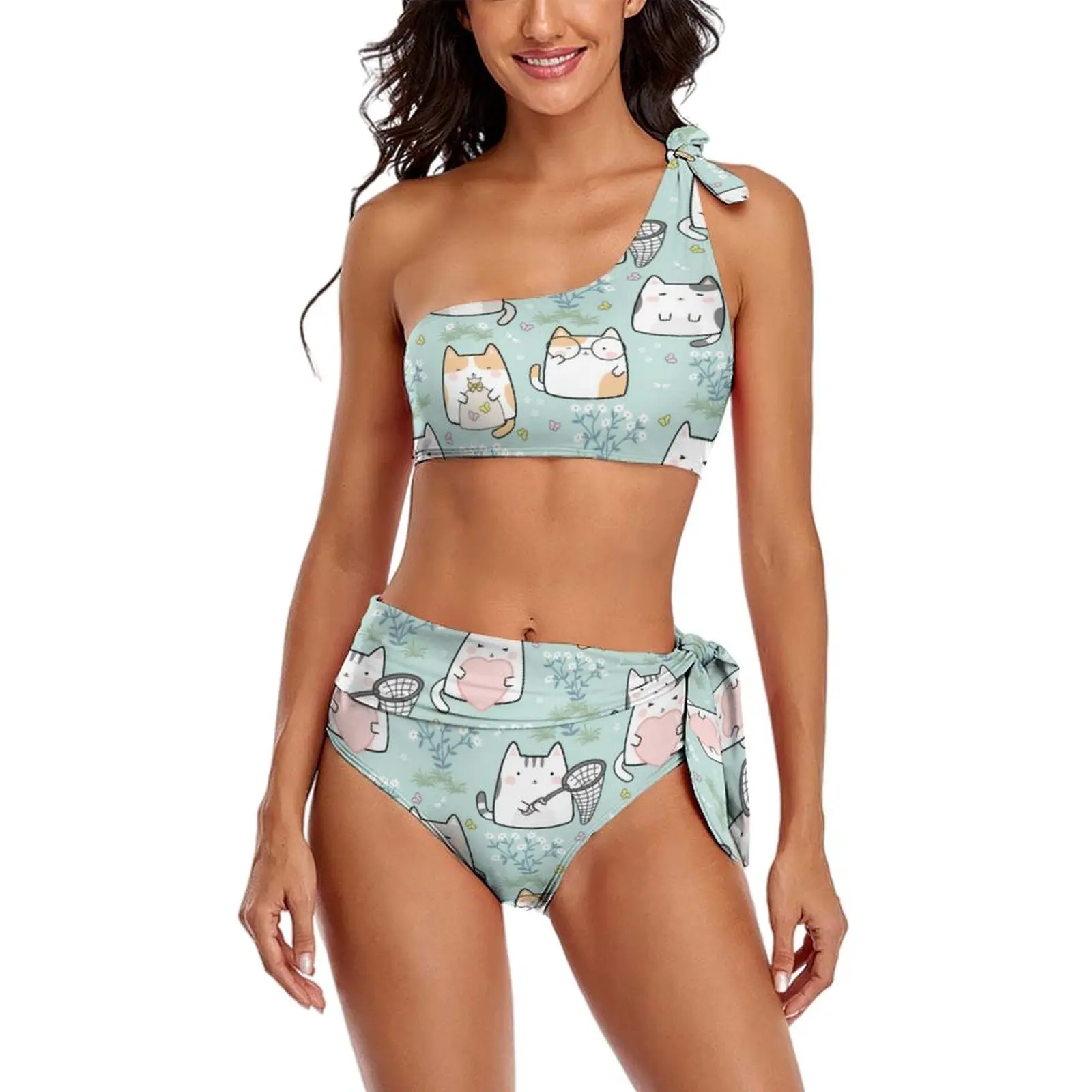 

Japanese Anime Print Bikini Swimsuit Cute Kawaii Cats High Waist Swimwear Sexy Bikini Set Women Push Up Feminine Bikinis Biquini
