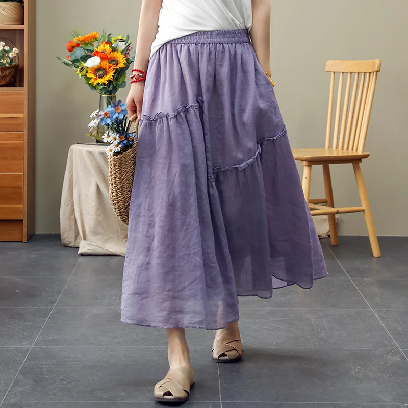 

Ramie Skirt Women Literary Splicing Long Skirt Summer New High Waist Skirt Female Elastic Waist Solid Color Mid-Calf Skirts