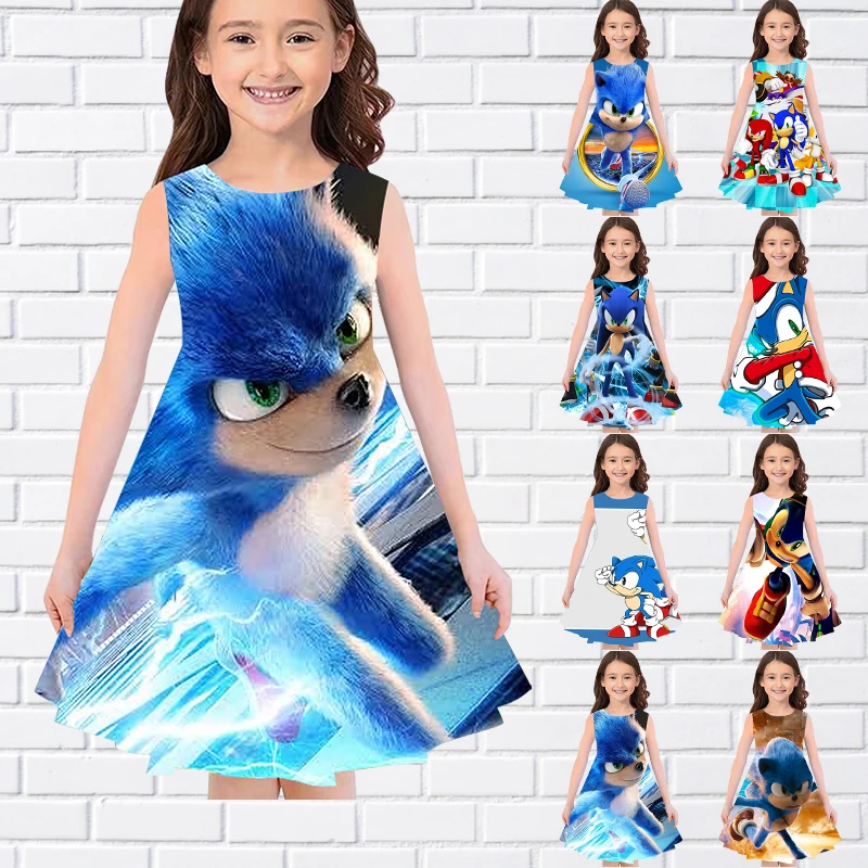 

Little Girls Daily Over-the-knee Dress Summer Round Neck Loose Hem Princess Dress Girls Fashion Cartton Printing Dress