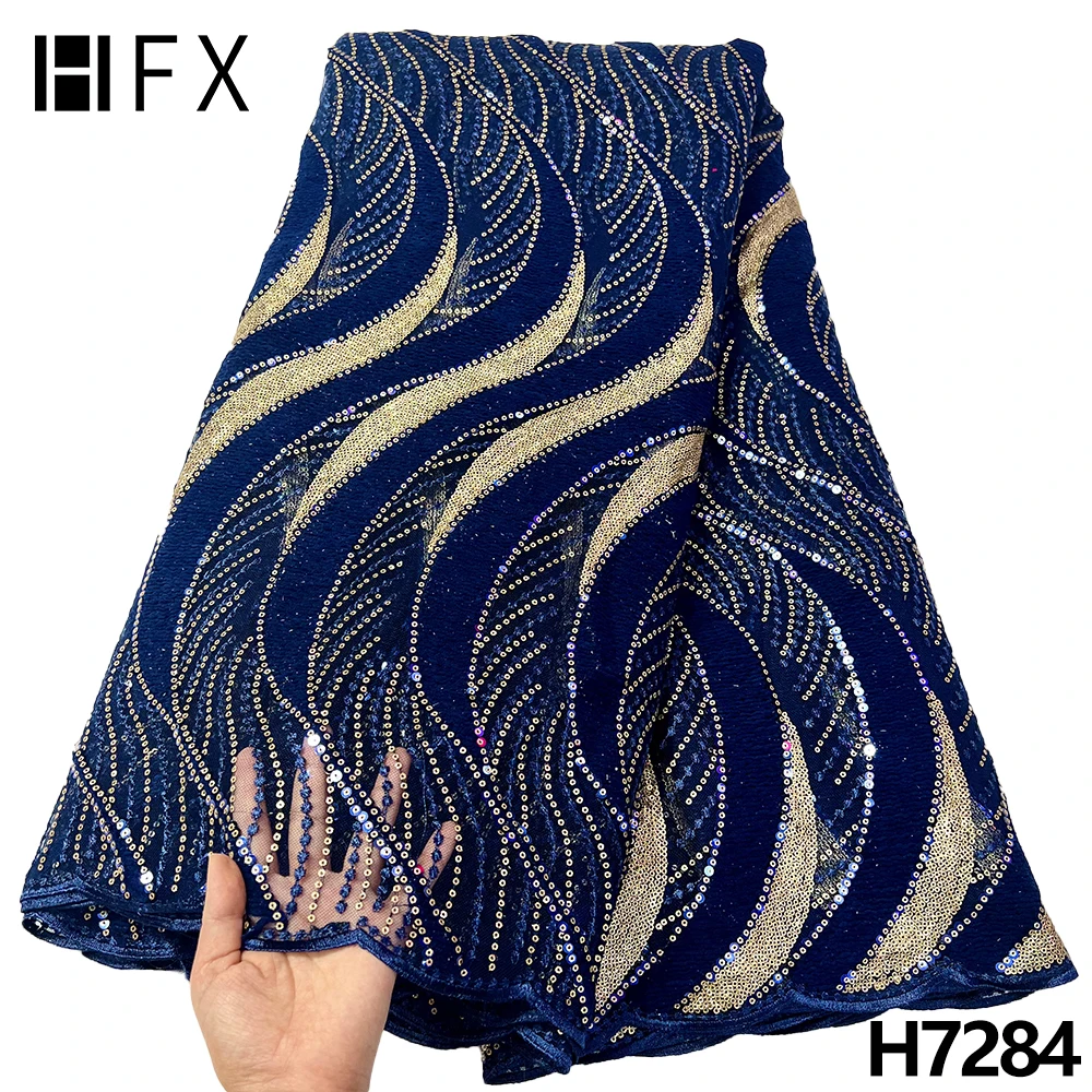 

HFX Navy Blue Sequin Lace Fabric 2022 High Quality African Sequins Net Mesh Laces Nigerian Aso Ebi Lace Fabric For Wedding F7284