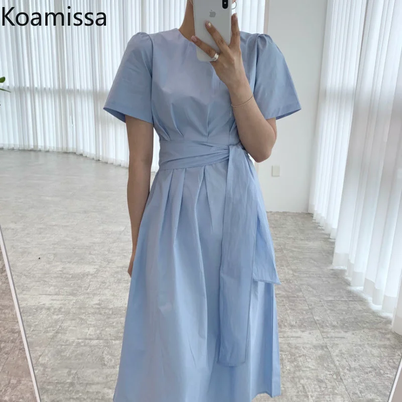 

Koamissa Simple Dresses for Women Summer Short Sleeve O-neck Shirt Dress Fashion Solid Lady Lace Up Slim A Line Vestido De Mujer