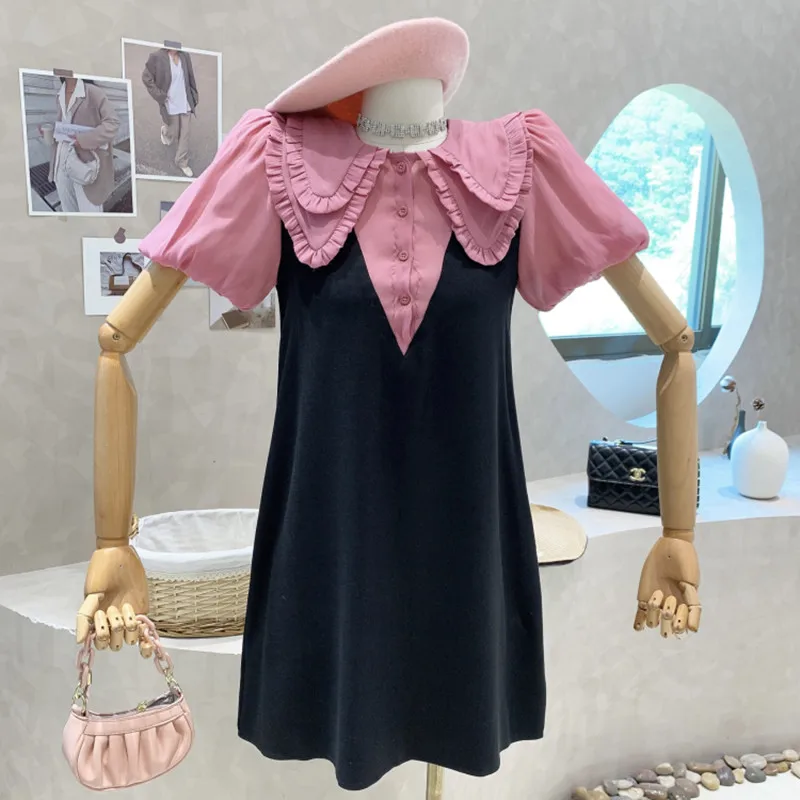 

New Women's Clothing 2022 Summer Contrast color Doll collar dress female student fashion fake two-piece Dress