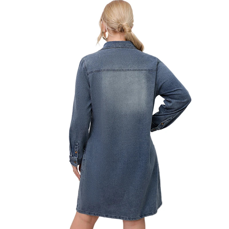 Spring Plus Size 3Xl 4Xl 5Xl Casual Denim Tunic Dress Women Above Knee Jeans Dress Women Denim Long Sleeve Distressed Jean Dress