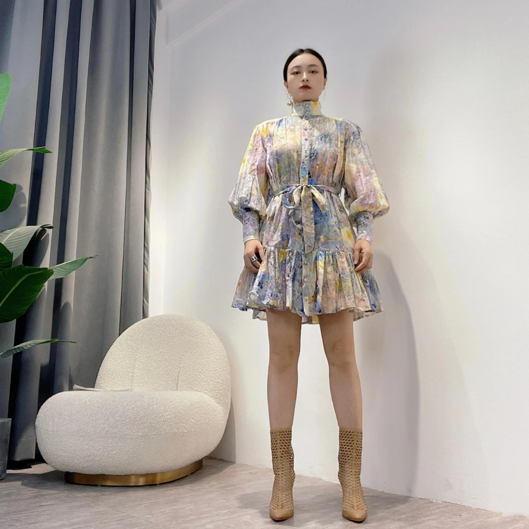 

Vintage Colorful Floral Print Frill Ruffle Mini Dresses Ladies 2022 New Summer Top Quality Two-pieces Silk Cotton Women Clothing