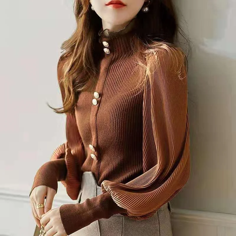 

Однотонная Корейская вязаная одежда, элегантный зимний джемпер, шикарная Женская шикарная блузка с пышными оборками, сетчатая трикотажная облегающая модная водолазка с рукавами на осень