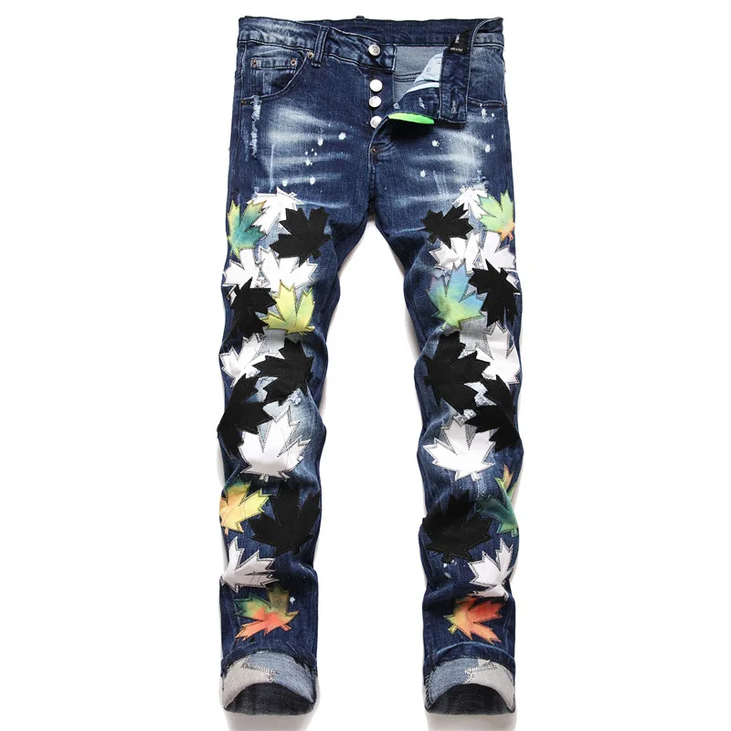 

Men's spring and summer new hot selling street personality leaf embroidery pattern graffiti slim stretch skinny jeans