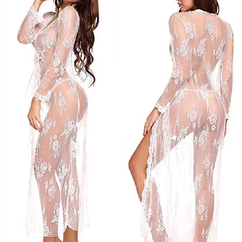 Sexy Lingerie Lace Robe Nightdress Female See-Through Lace Up Underwear Cardigan Long Nightgown Perspective Pajamas XXL