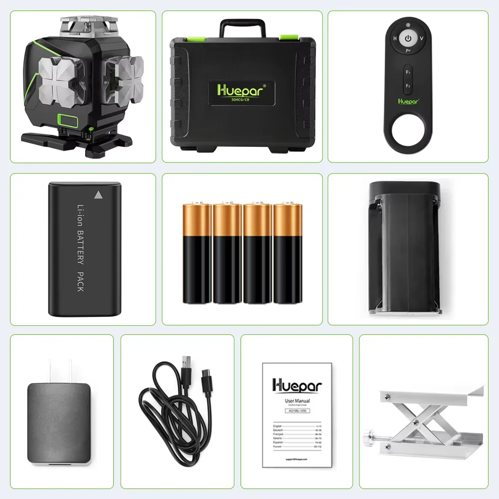 

Huepar S04CG-A без кронштейна, 16-линейный лазерный уровень, самовыравнивающийся поперечные линии, 4D лазерный уровень с пультом дистанционного управления, жесткий футляр, ЖК-дисплей