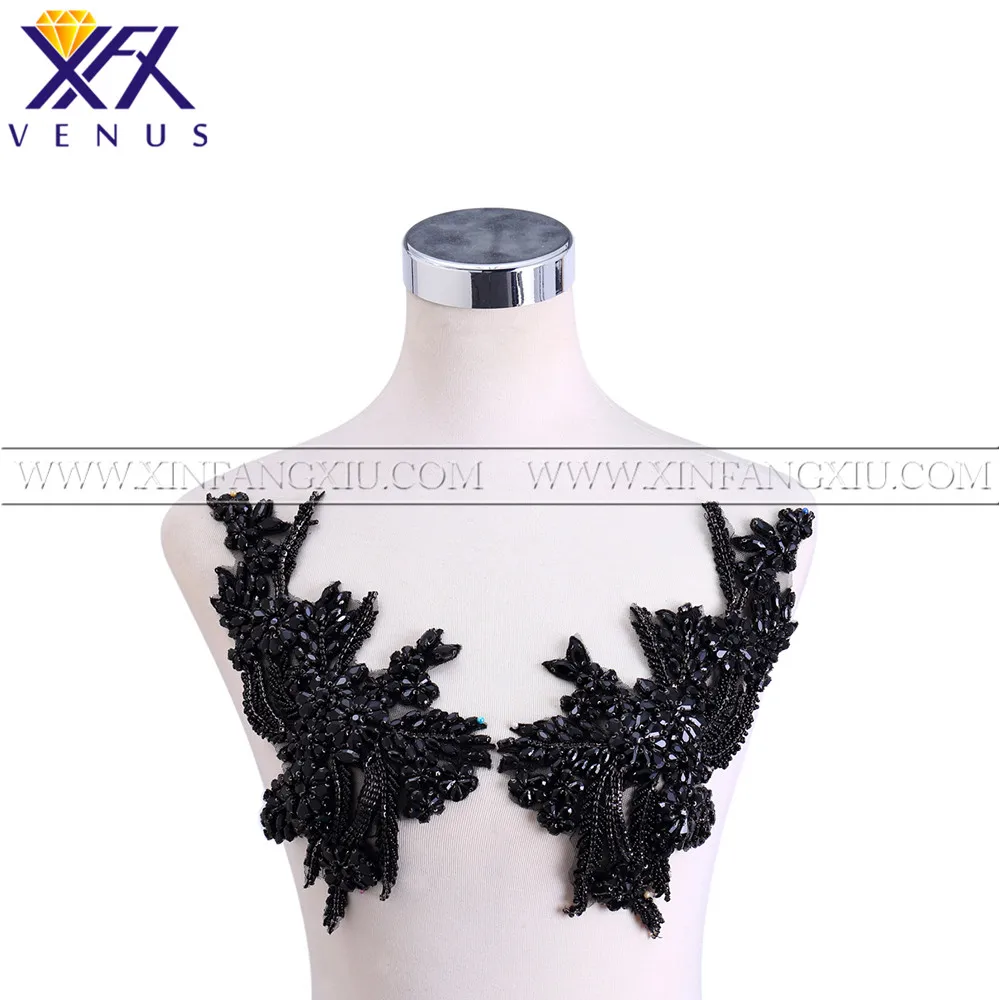 

XFX VENUS 1 Pair Rhinestones Applique Black Embroidery Bodice Patches Trimming Motif for Women Dress Clothes Fabric Embroidery