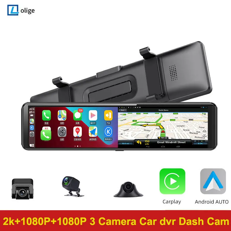 

2K 12 дюймов Автомобильный Портативный беспроводной CarPlay Apple Android автомобильный мультимедийный рекордер ночное видение GPS 1080P Автомобильный 3 ...