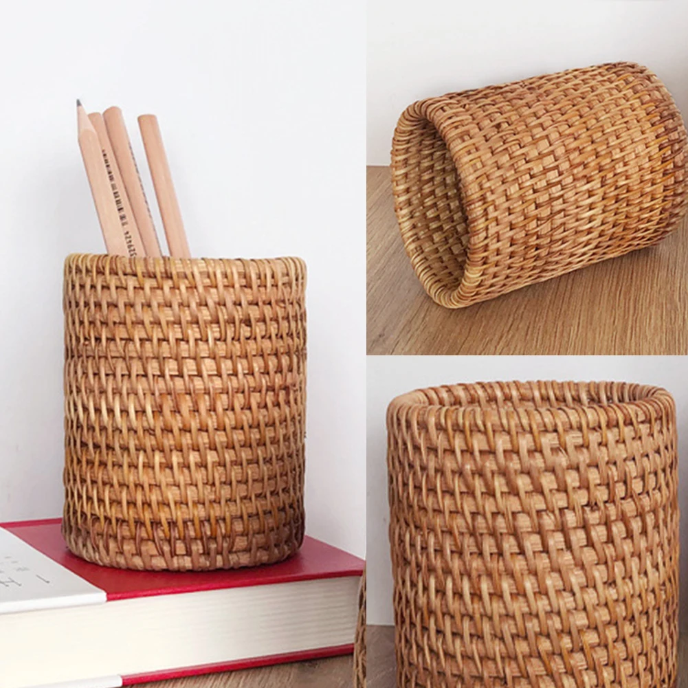 

2pcs Desk Organizer Cylinder Shape Pen Holder Rattan Woven Rustic Home Office Multifunctional Makeup Brush Paintbrush Bedroom