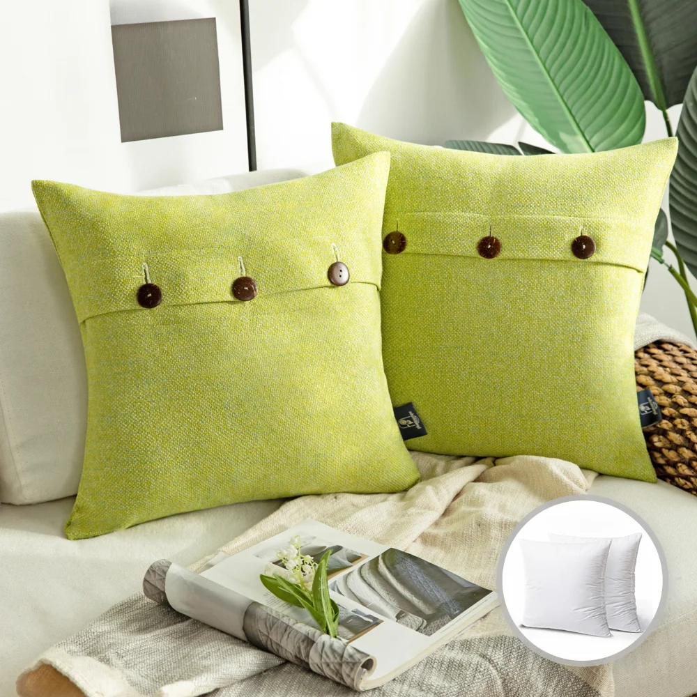 

Triple Buttons Cotton Blend Series Farmhouse Square Decorative Throw Pillow Cusion for Couch, 22" x 22", Yellow, 2 Pack