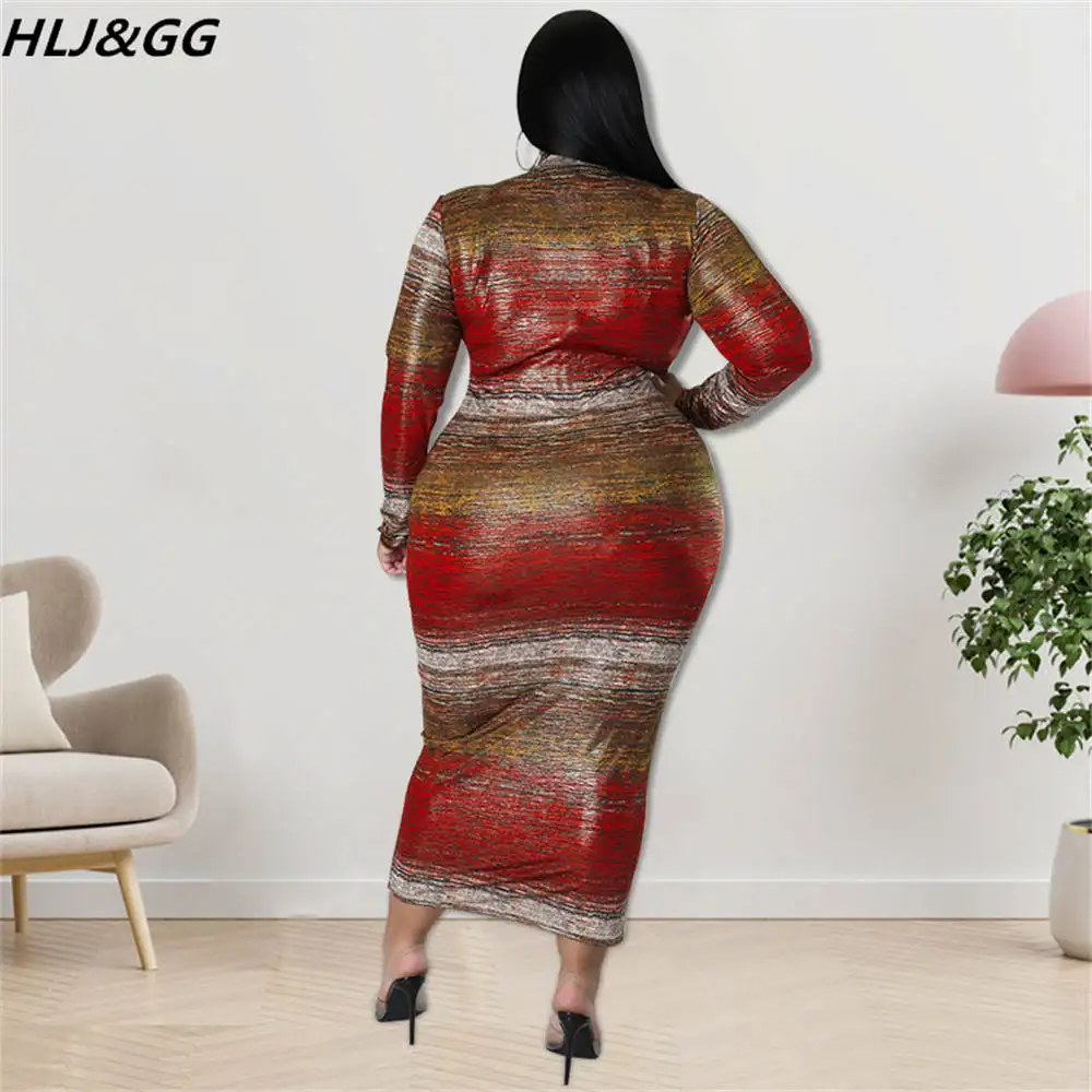 HLJ&GG Plus Size Women Clothing XL-5XL Fashion Vintage Pattern Print Bodycon Mid Dresses Fall Winter Casual Slim Vestidos Dress