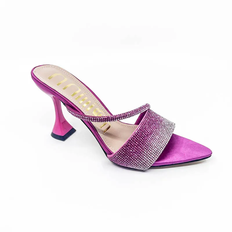 Xibeilove 2023 Fashion Women's Slippers Summer Sexy Pointed Rhinestone Colorful High Heel Slippers Luxury Banquet Wedding Shoes